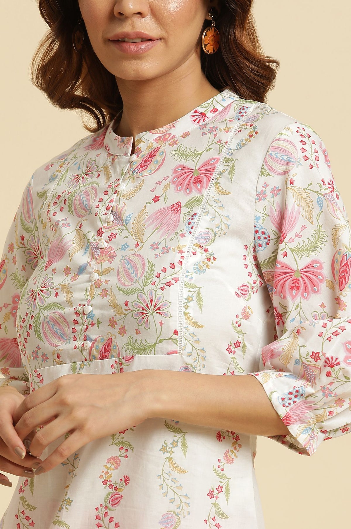 White Floral Printed Lace Pure Cotton Straight Kurta with Slim Pant Set