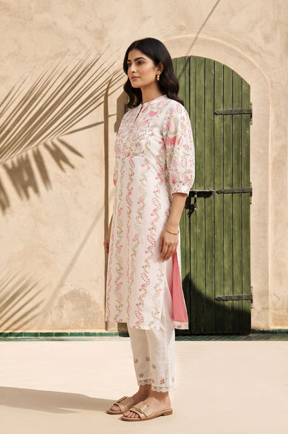 White Floral Printed Lace Pure Cotton Straight Kurta with Slim Pant Set