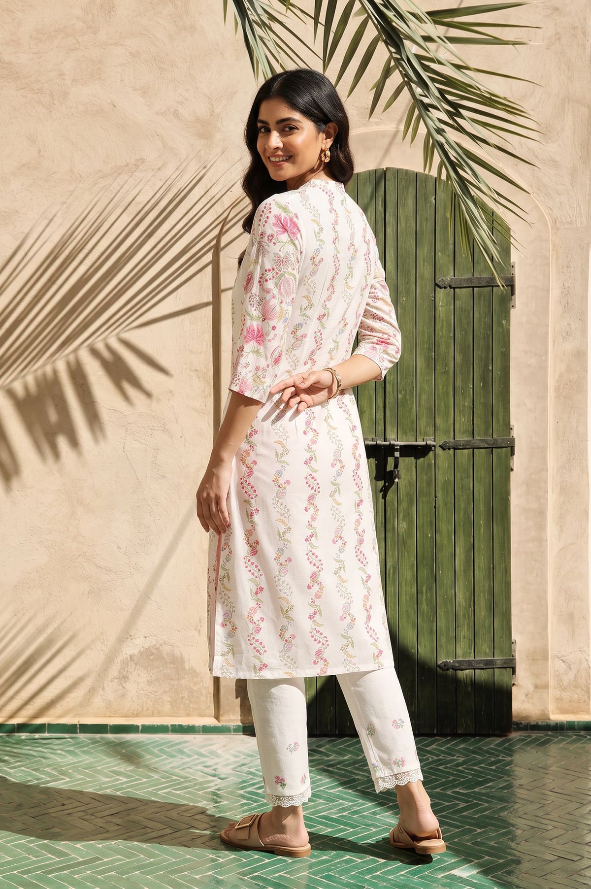 White Floral Printed Lace Pure Cotton Straight Kurta with Slim Pant Set