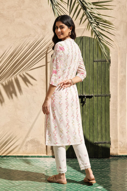 White Floral Printed Lace Pure Cotton Straight Kurta with Slim Pant Set