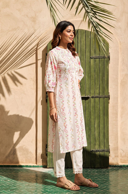White Floral Printed Lace Pure Cotton Straight Kurta with Slim Pant Set