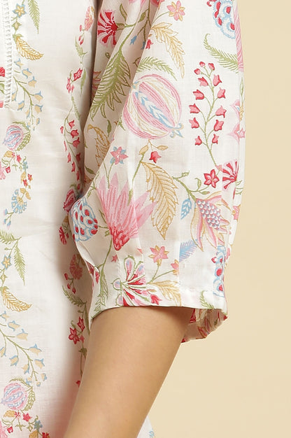 White Floral Printed Lace Pure Cotton Straight Kurta with Slim Pant Set