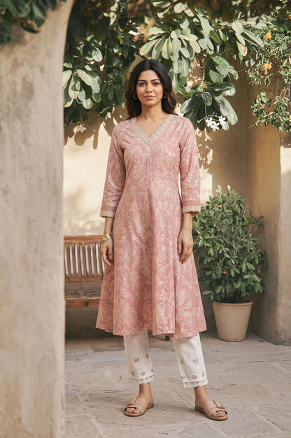 Pink Floral Printed Zari Lace Rayon A-line Kurta with Slim Pant Set