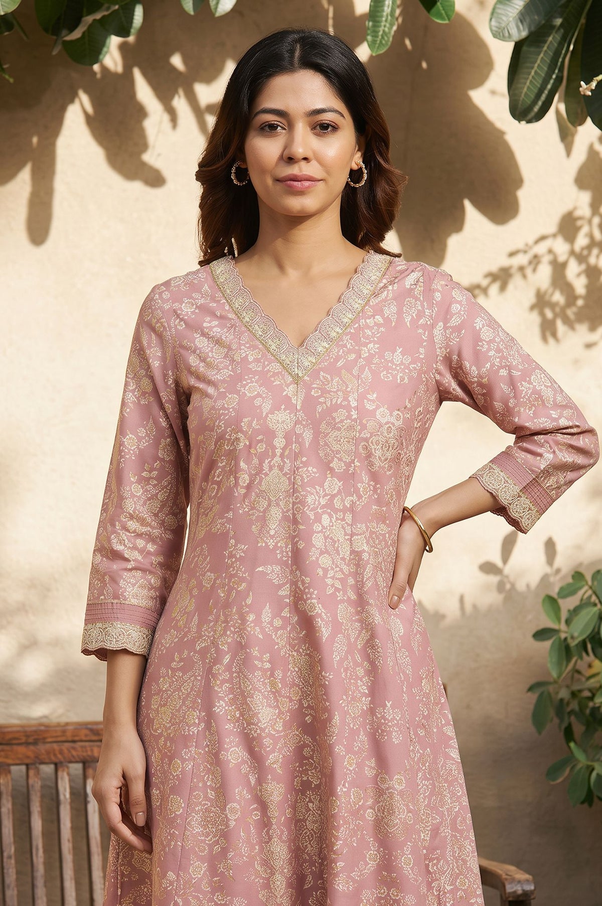 Pink Floral Printed Zari Lace Rayon A-line Kurta with Slim Pant Set
