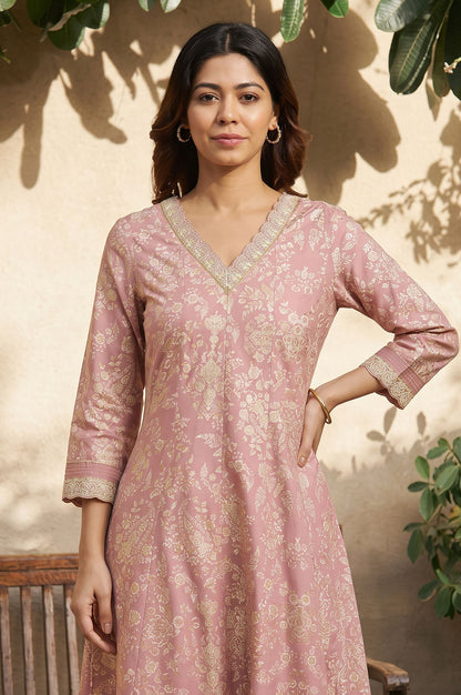 Pink Floral Printed Zari Lace Rayon A-line Kurta with Slim Pant Set