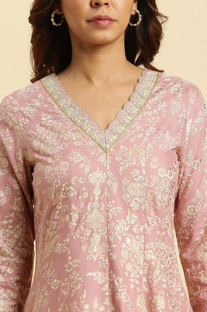 Pink Floral Printed Zari Lace Rayon A-line Kurta with Slim Pant Set