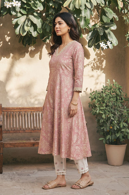 Pink Floral Printed Zari Lace Rayon A-line Kurta with Slim Pant Set