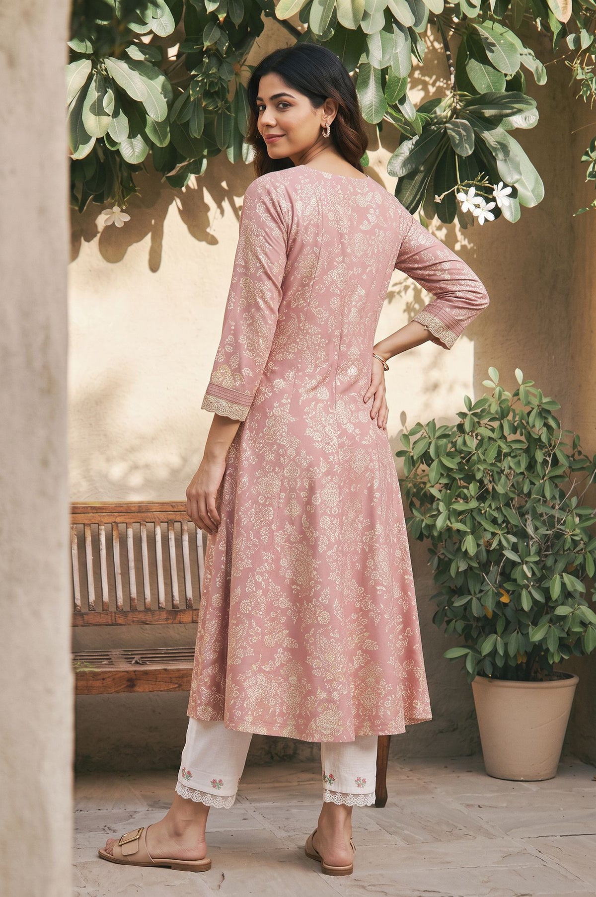 Pink Floral Printed Zari Lace Rayon A-line Kurta with Slim Pant Set