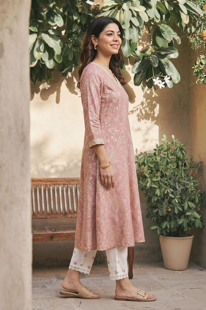 Pink Floral Printed Zari Lace Rayon A-line Kurta with Slim Pant Set