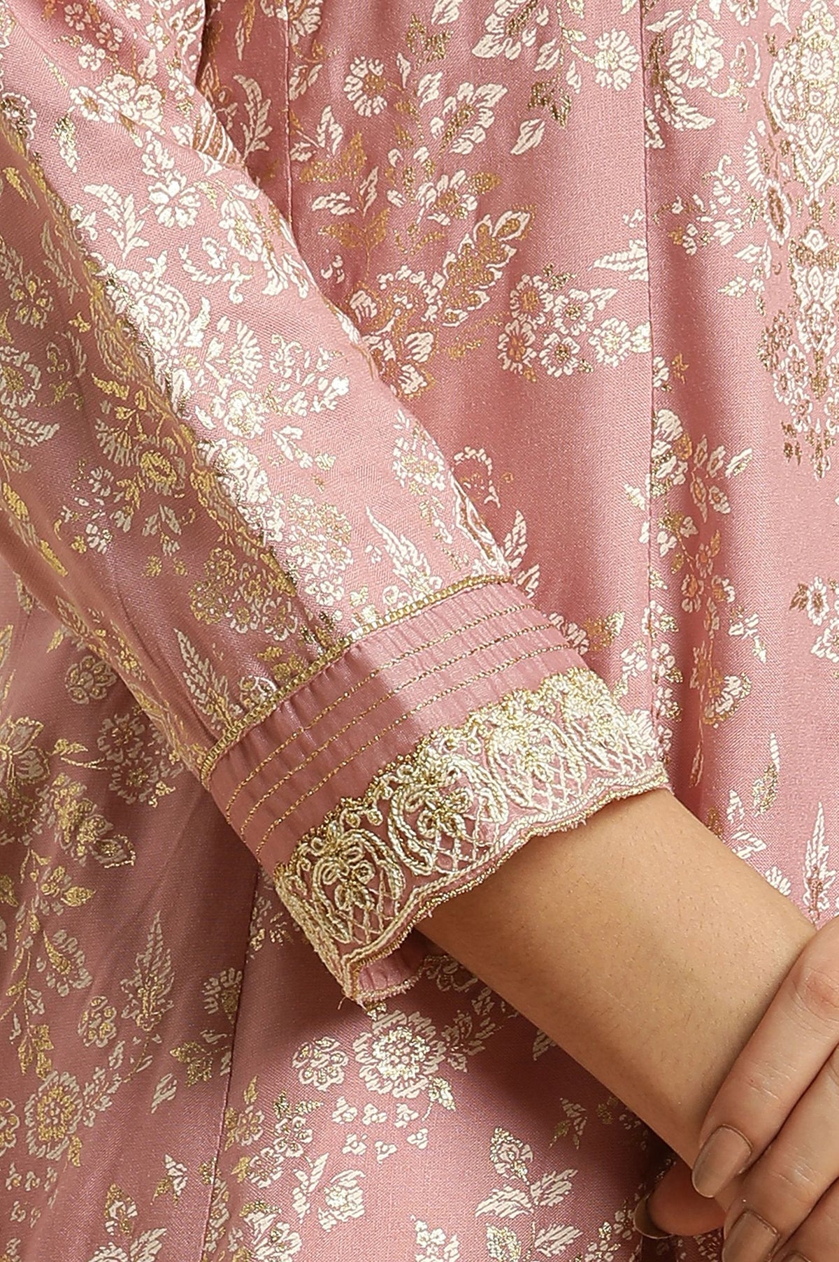 Pink Floral Printed Zari Lace Rayon A-line Kurta with Slim Pant Set