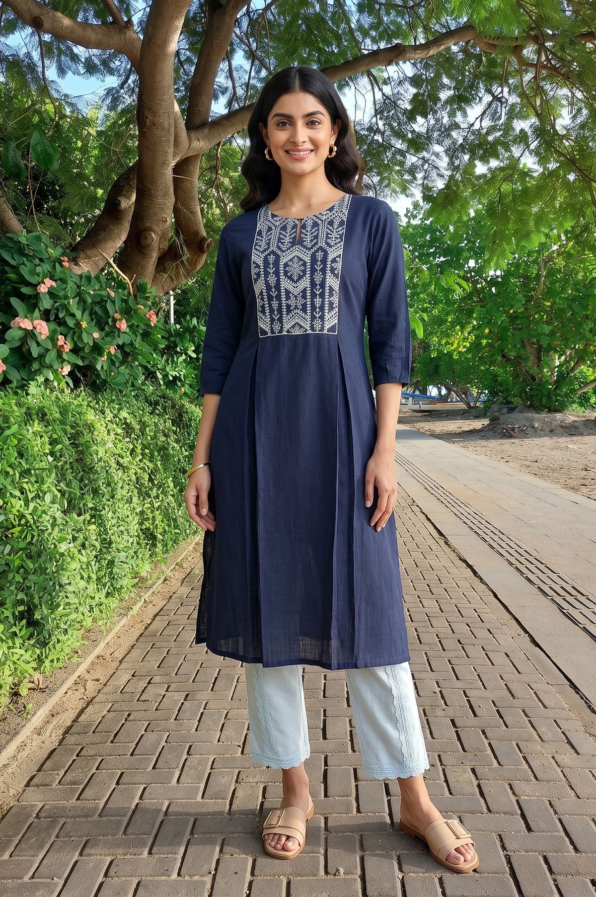 Navy Blue Thread Embroidered Pure Cotton Straight Kurta with Straight Pants Set