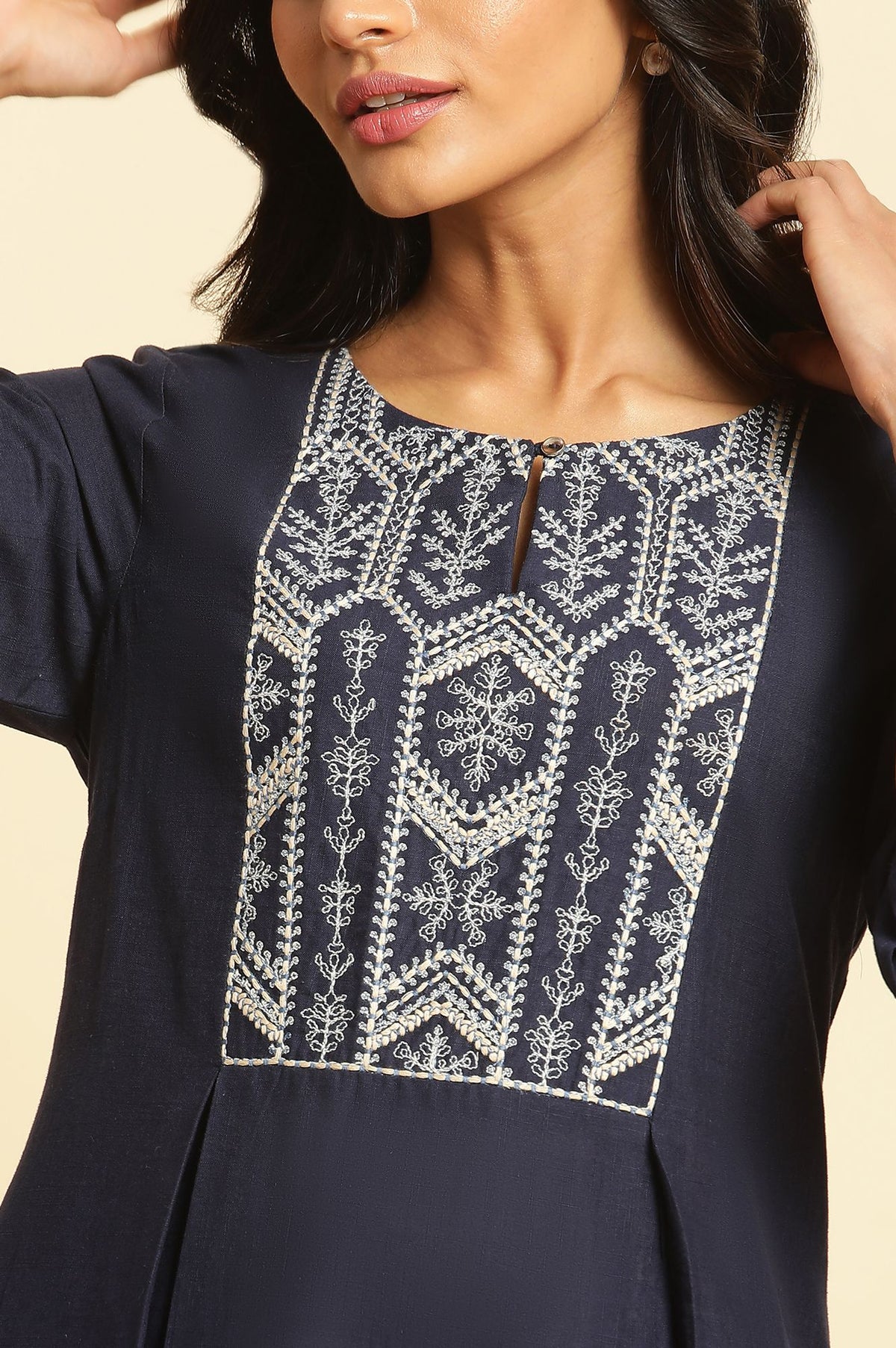 Navy Blue Thread Embroidered Pure Cotton Straight Kurta with Straight Pants Set