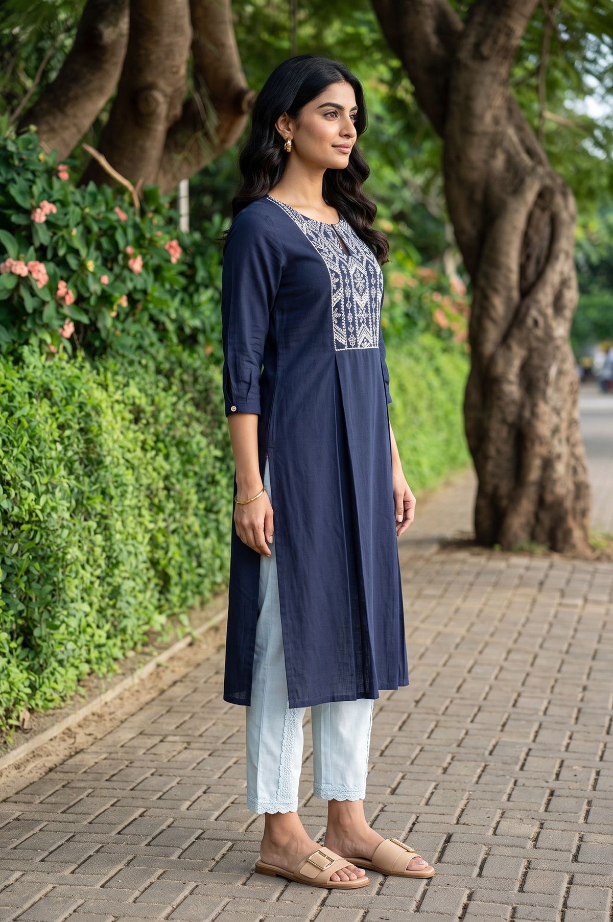 Navy Blue Thread Embroidered Pure Cotton Straight Kurta with Straight Pants Set