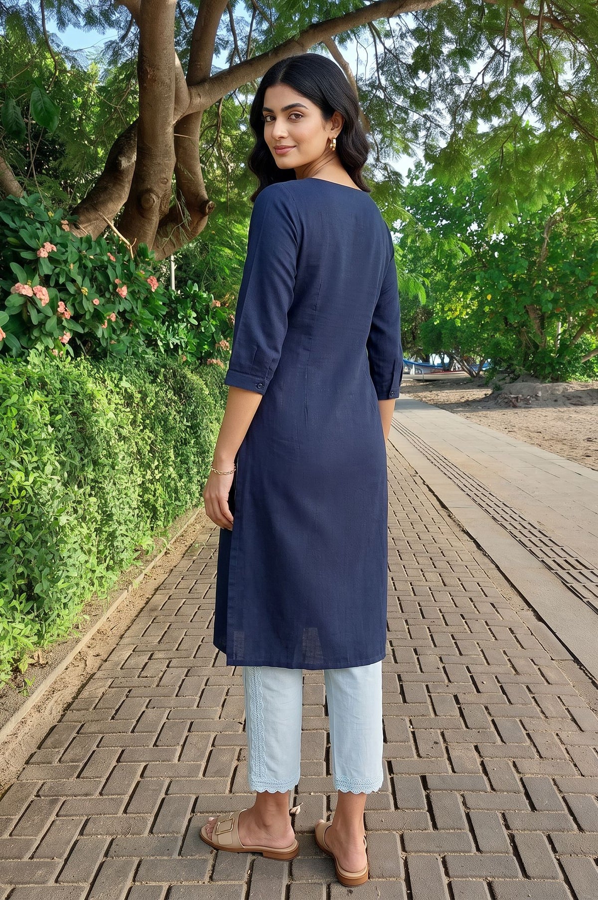 Navy Blue Thread Embroidered Pure Cotton Straight Kurta with Straight Pants Set