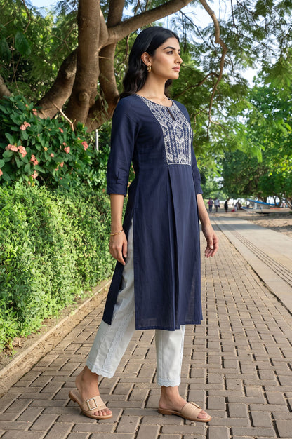 Navy Blue Thread Embroidered Pure Cotton Straight Kurta with Straight Pants Set