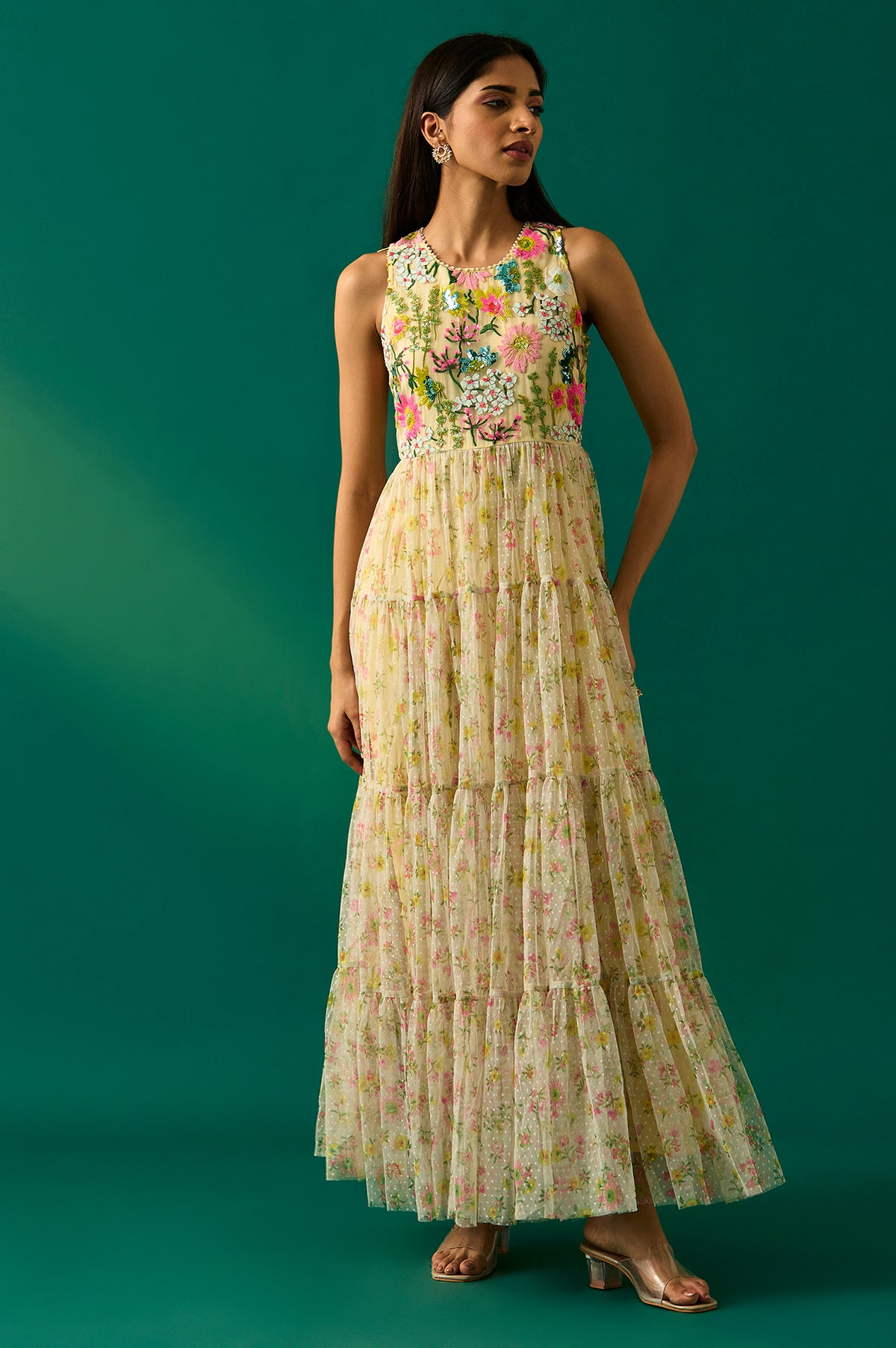 Yellow Embroidered Fit & Flare Georgette Dress - L