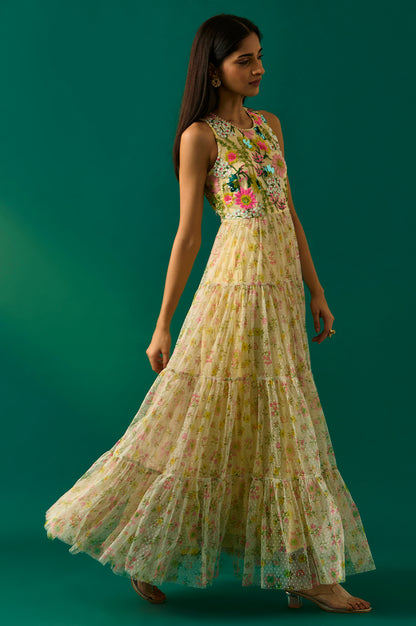 Yellow Embroidered Fit &amp; Flare Georgette Dress