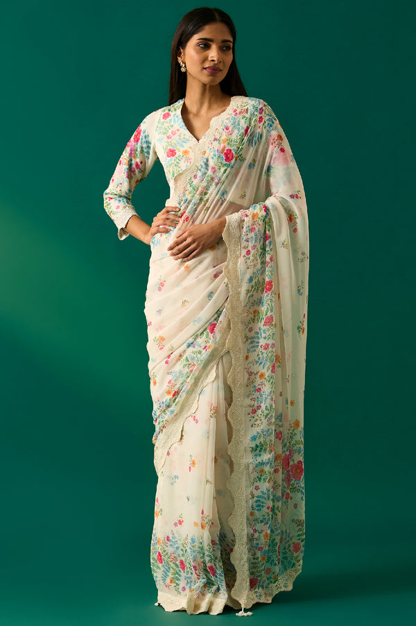 Off-White Floral Printed Embroidered Georgette Saree with Unstitched Blouse
