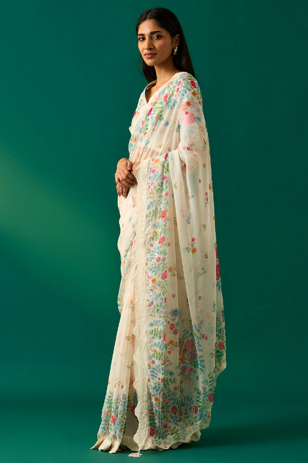 Off-White Floral Printed Embroidered Georgette Saree with Unstitched Blouse