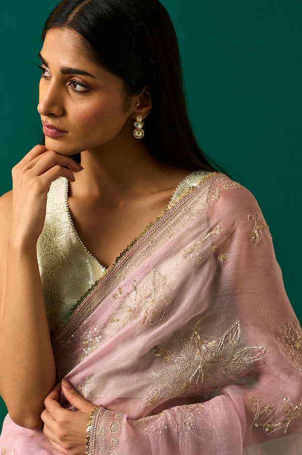 Pink Floral Printed Embroidered Silk Saree with Unstitched Blouse