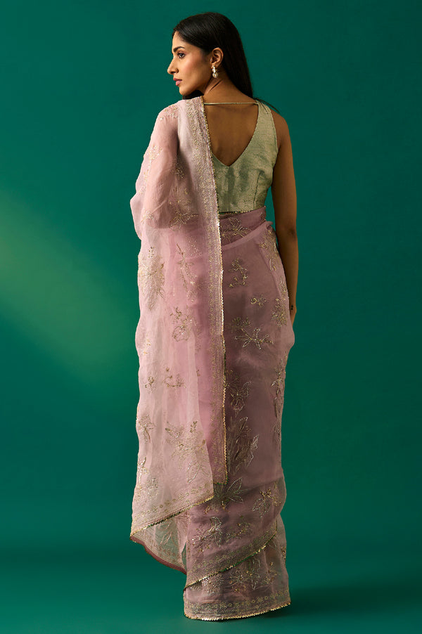 Pink Floral Printed Embroidered Silk Saree with Unstitched Blouse