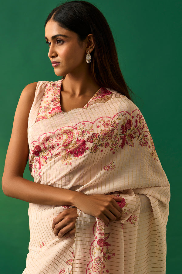 Pink All Over Sequined Festive Saree with Unstitched Embellished Blouse