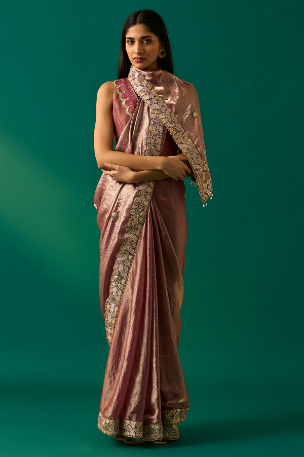 Pink Zari Embroidered Zari Work Banarasi Tissue Satin Saree with Unstitched Blouse