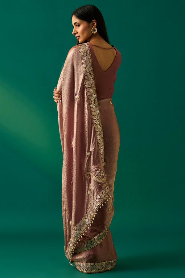 Pink Zari Embroidered Zari Work Banarasi Tissue Satin Saree with Unstitched Blouse