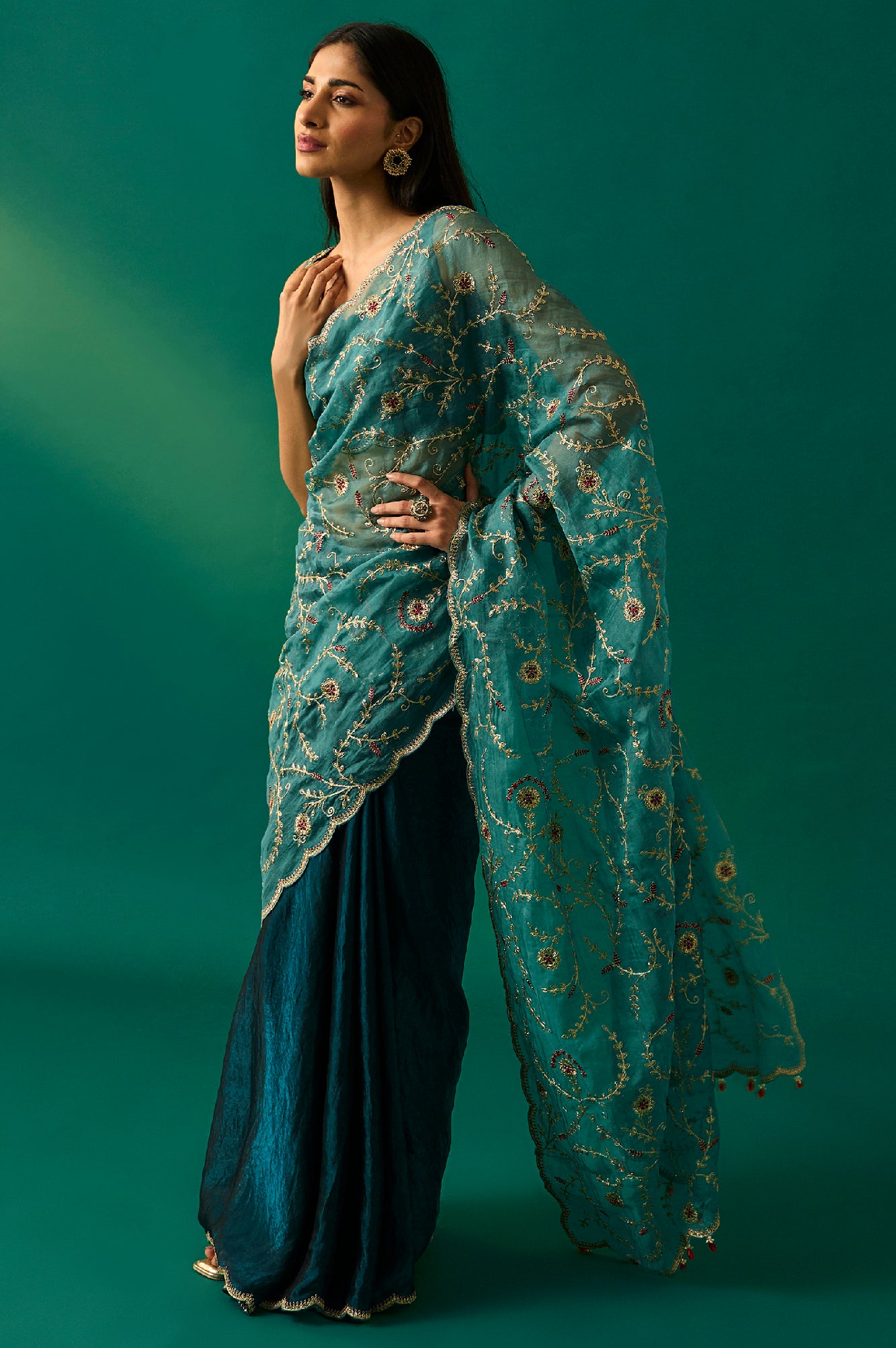 Teal Floral Embroidered Zari Work Tissue Satin Saree with Unstitched Blouse