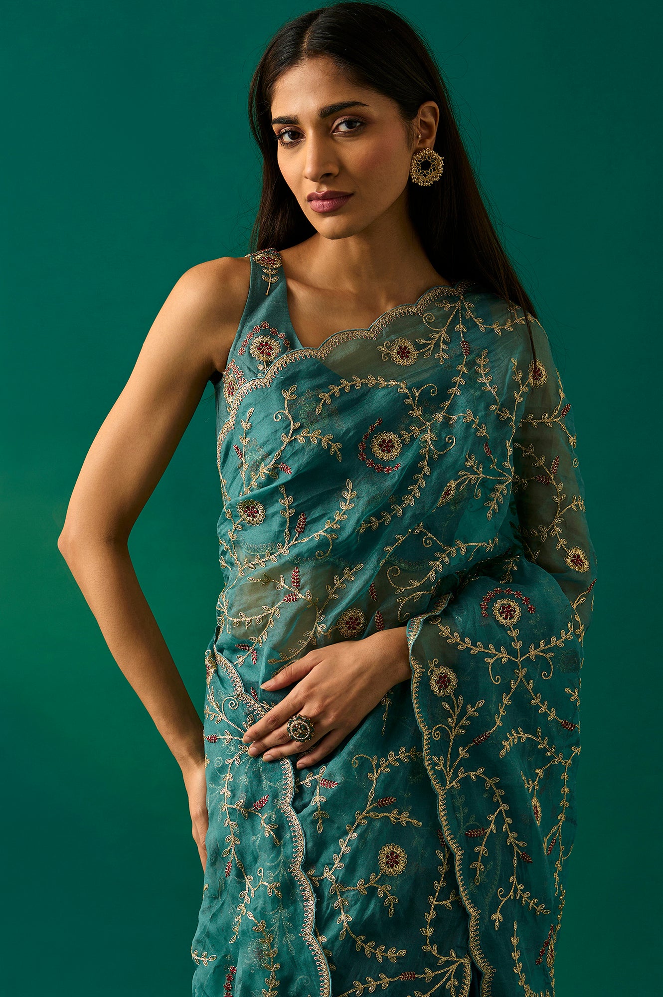 Teal Floral Embroidered Zari Work Tissue Satin Saree with Unstitched Blouse
