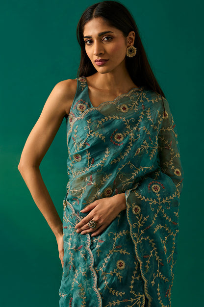 Teal Floral Embroidered Zari Work Tissue Satin Saree with Unstitched Blouse