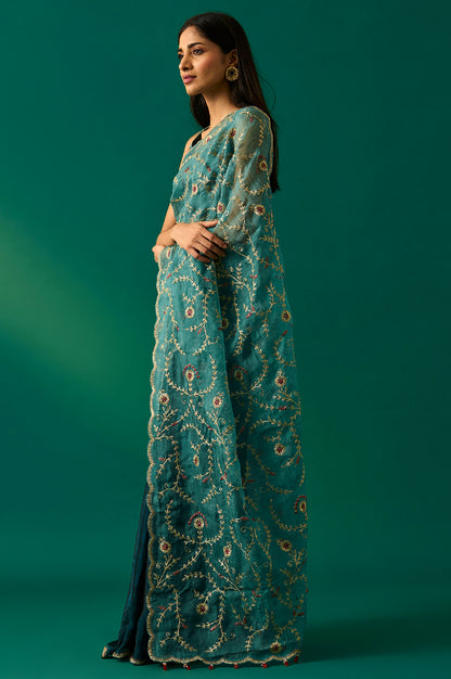 Teal Floral Embroidered Zari Work Tissue Satin Saree with Unstitched Blouse