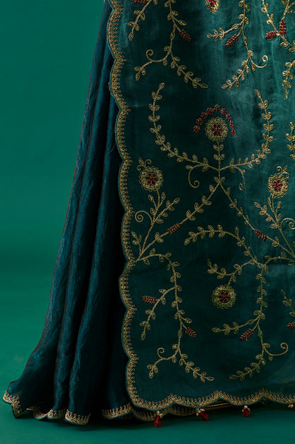 Teal Floral Embroidered Zari Work Tissue Satin Saree with Unstitched Blouse