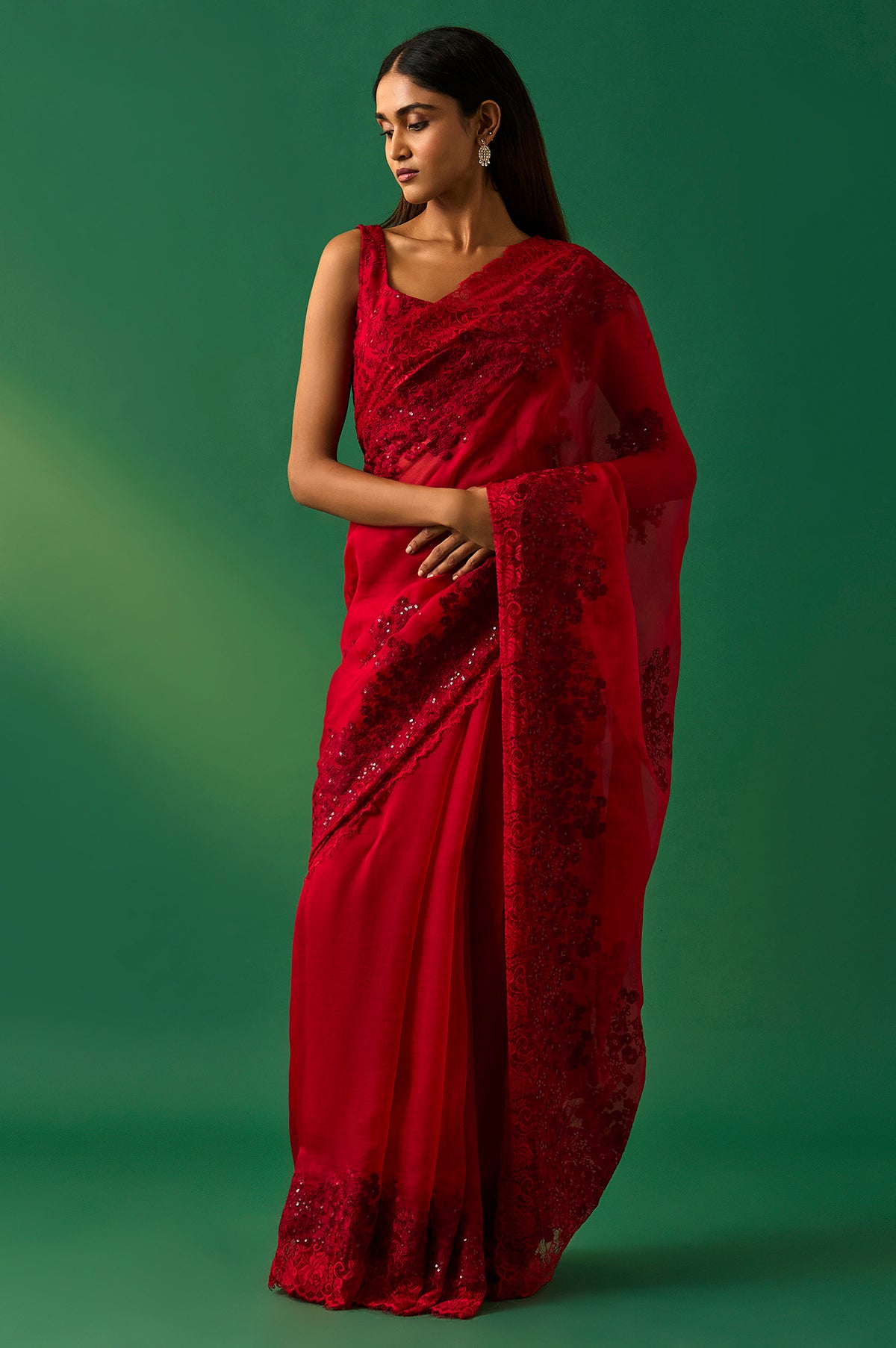 Red Floral Printed Embroidered Sequined Silk Saree with Unstitched Blouse - FS
