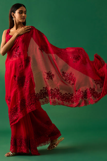 Red Floral Printed Embroidered Sequined Silk Saree with Unstitched Blouse