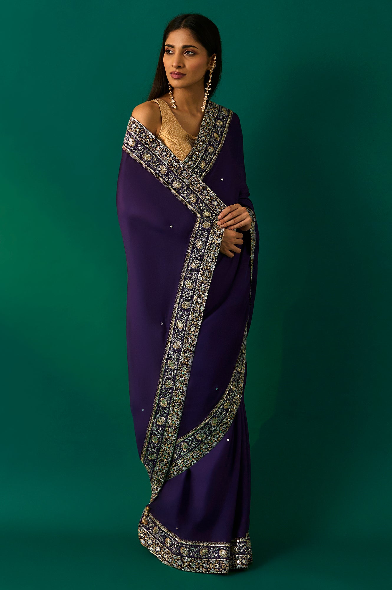 Purple Embroidered Zari Work Banarasi Satin Saree with Unstitched Blouse