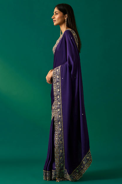 Purple Embroidered Zari Work Banarasi Satin Saree with Unstitched Blouse