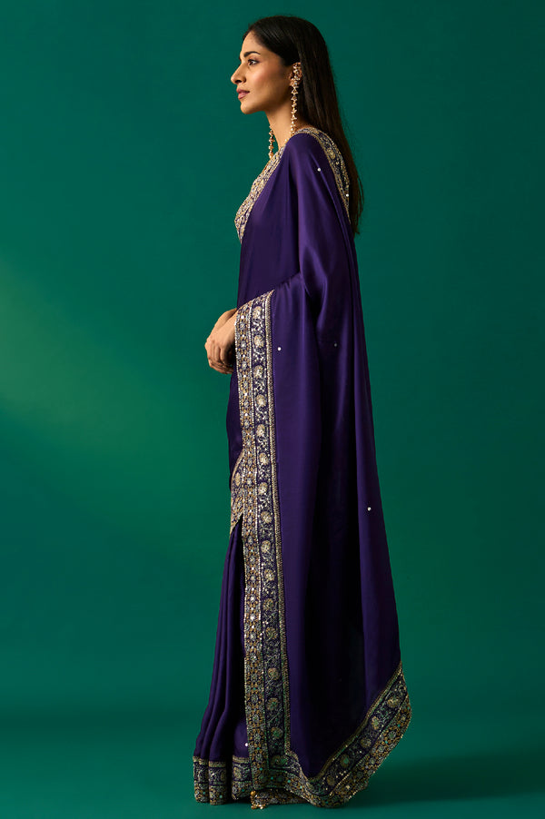 Purple Embroidered Zari Work Banarasi Satin Saree with Unstitched Blouse