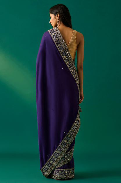 Purple Embroidered Zari Work Banarasi Satin Saree with Unstitched Blouse