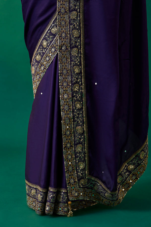 Purple Embroidered Zari Work Banarasi Satin Saree with Unstitched Blouse