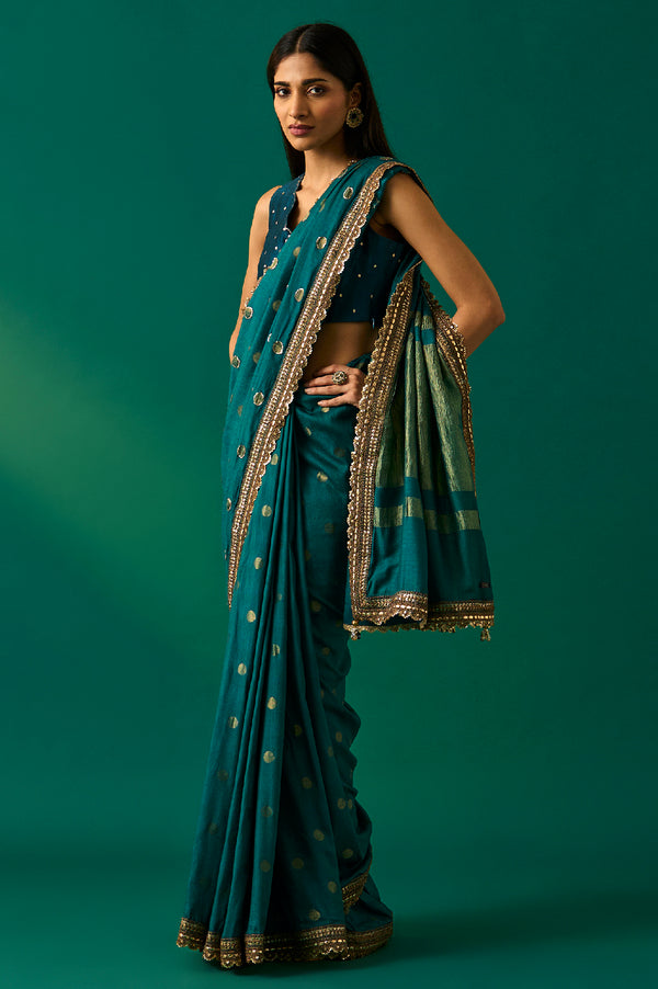 Teal Polka Dot Printed Sequinned Zari Work Ethnic Silk Saree with Unstitched Blouse