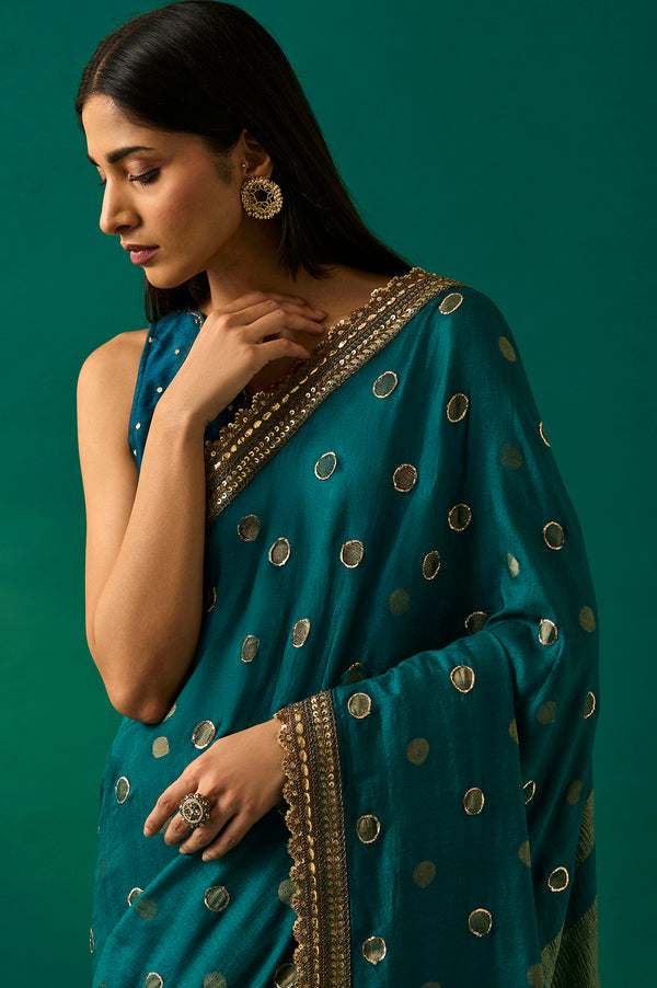 Teal Polka Dot Printed Sequinned Zari Work Ethnic Silk Saree with Unstitched Blouse