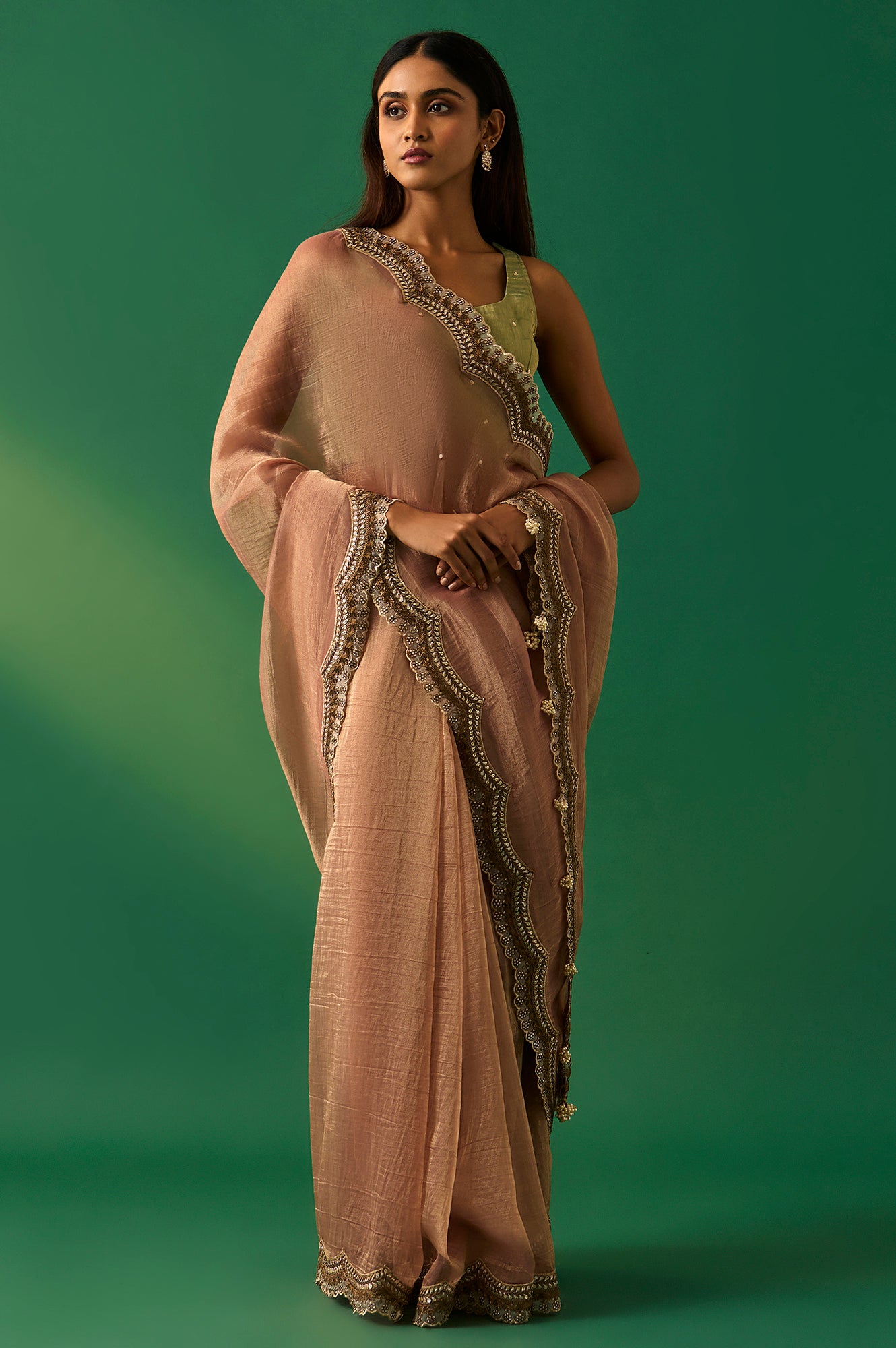 Pink Solid Zari Work Tissue Saree with Unstitched Blouse