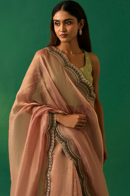 Pink Solid Zari Work Tissue Saree with Unstitched Blouse