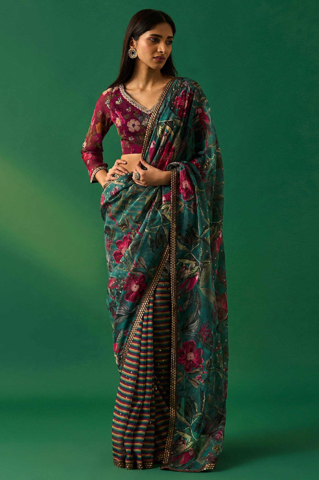 Green Floral Printed Embroidered Sequined Organza Saree with Unstitched Blouse