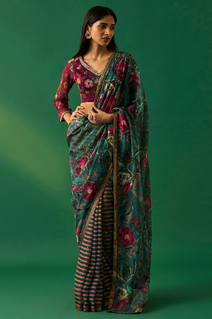 Green Floral Printed Embroidered Sequined Organza Saree with Unstitched Blouse