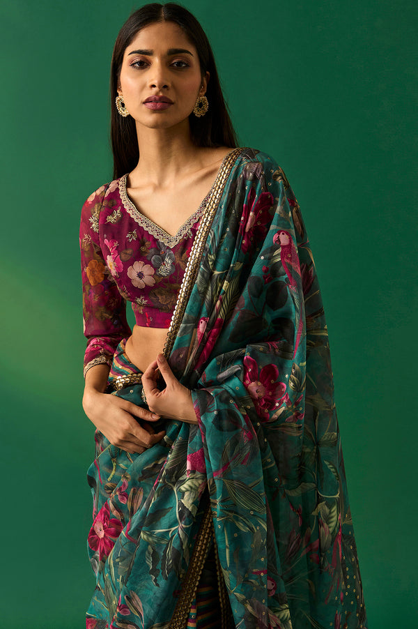 Green Floral Printed Embroidered Sequined Organza Saree with Unstitched Blouse