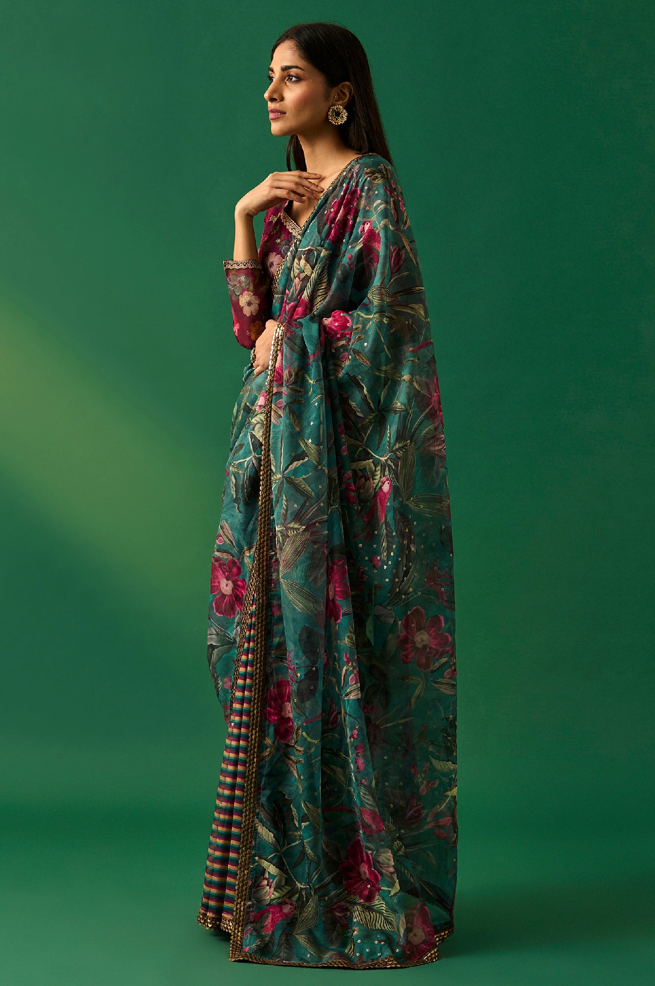 Green Floral Printed Embroidered Sequined Organza Saree with Unstitched Blouse