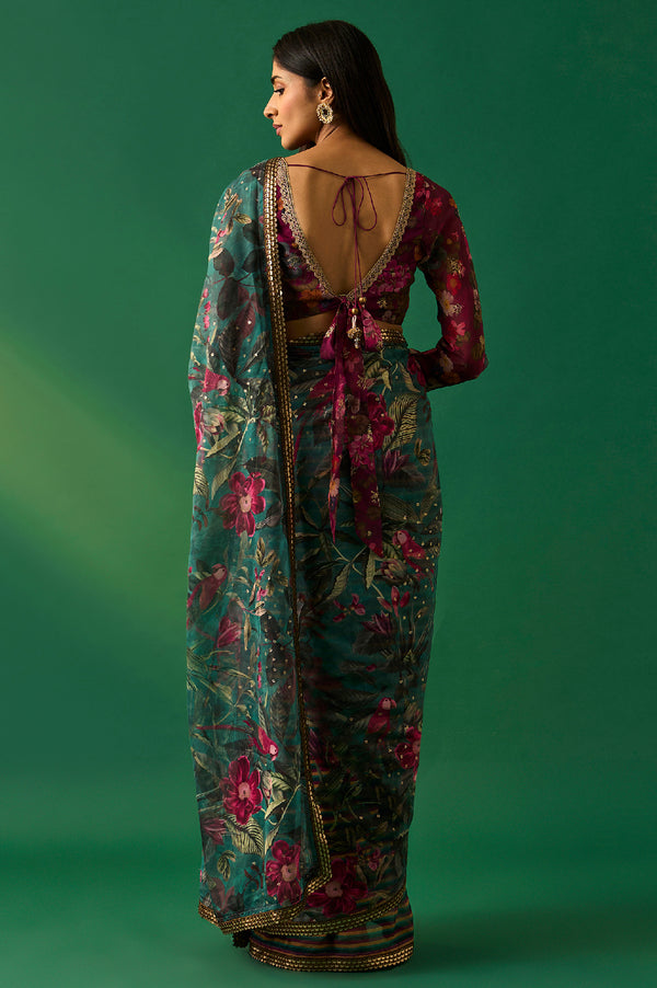 Green Floral Printed Embroidered Sequined Organza Saree with Unstitched Blouse