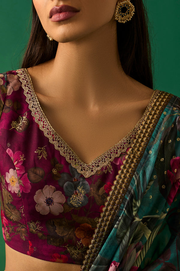 Green Floral Printed Embroidered Sequined Organza Saree with Unstitched Blouse